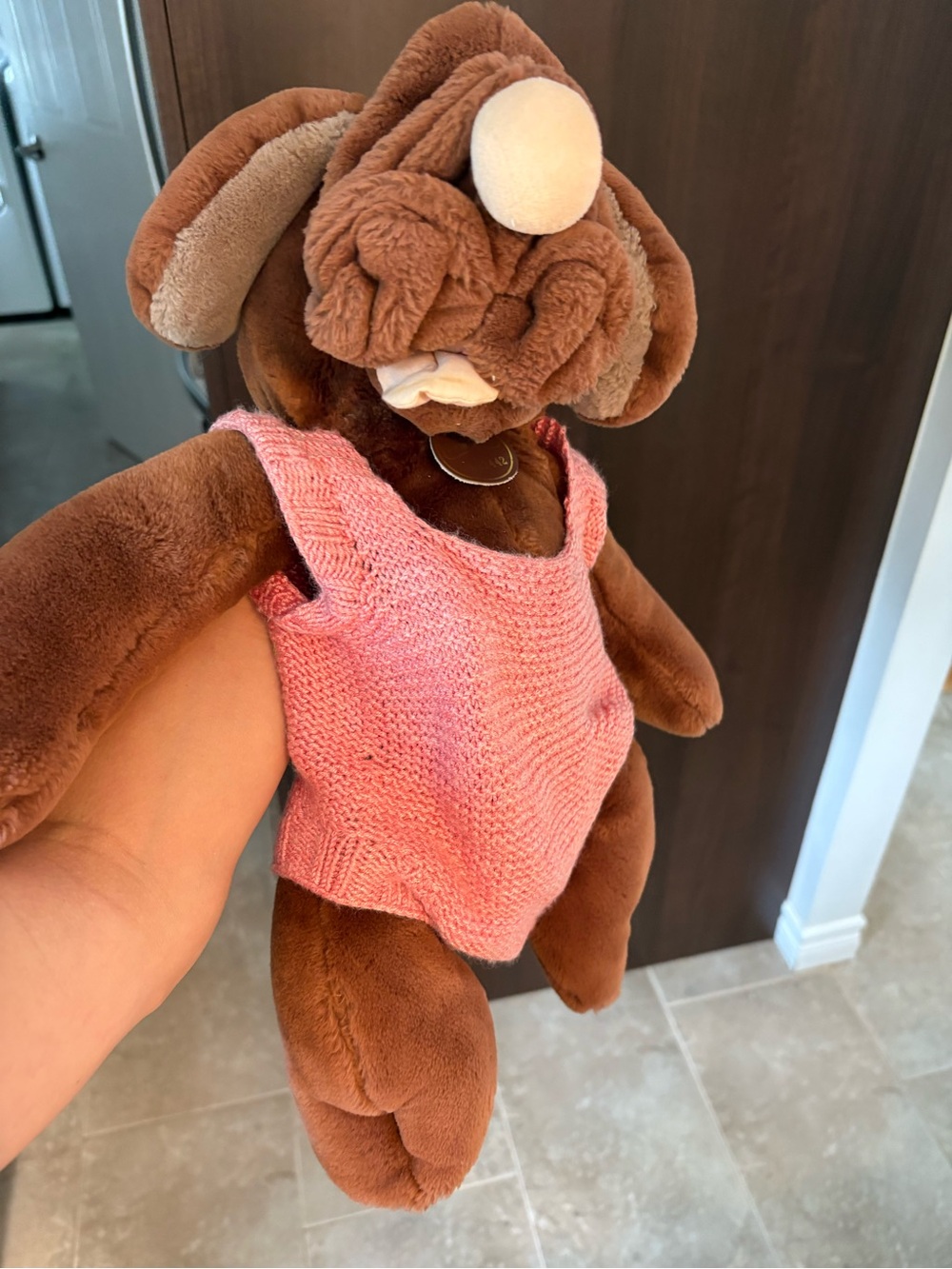 Vintage Heritage wrinkles Brown Plush Dog in Pink Knit Tank Top